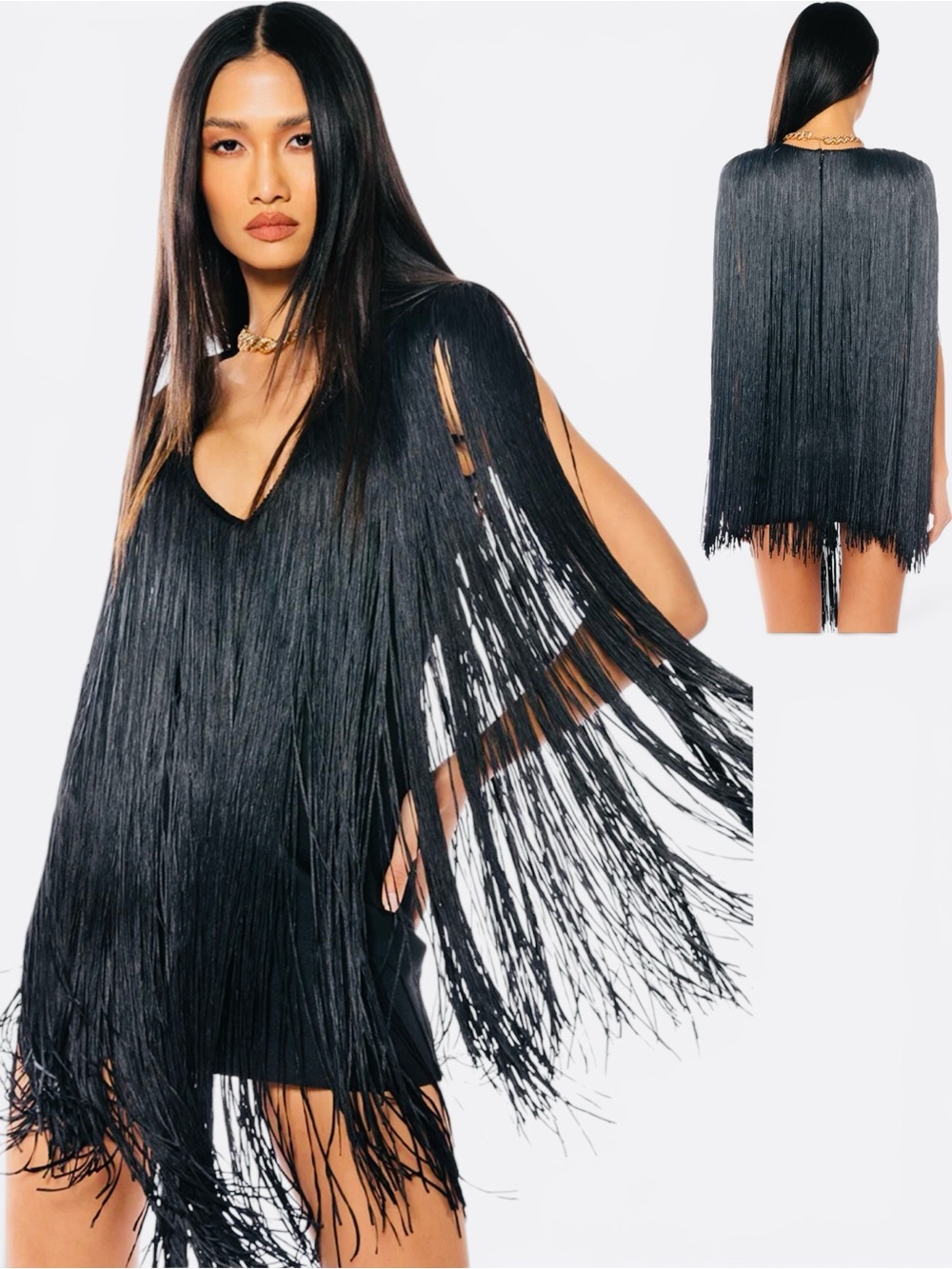 AKIRA- Black Fringe V-Neck Dress